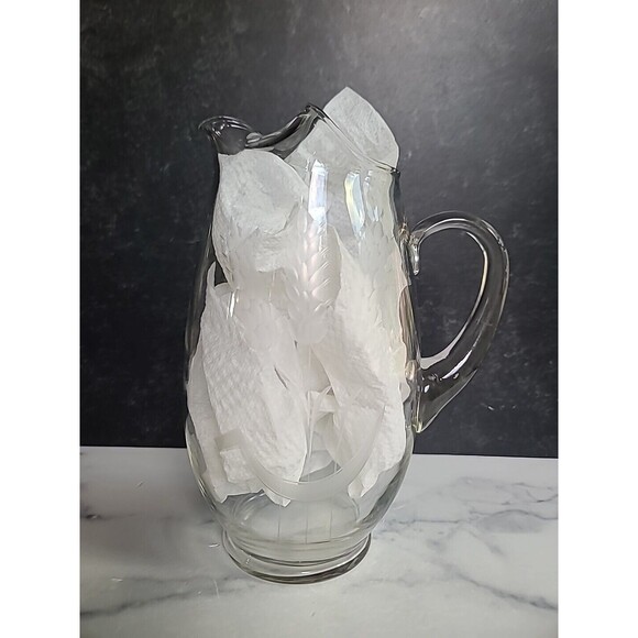 Etched Glass Wheat Pattern Pitcher With Handle - Picture 7 of 10
